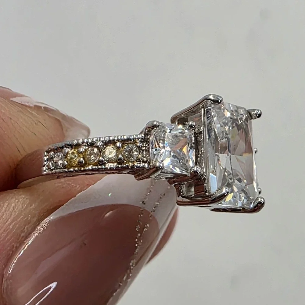 Emerald Cut Three Stone Engagement Ring Silver Tone Size 7.25